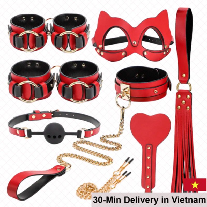 8-Piece Premium BDSM Set Leather Restraints Golden Stainless 