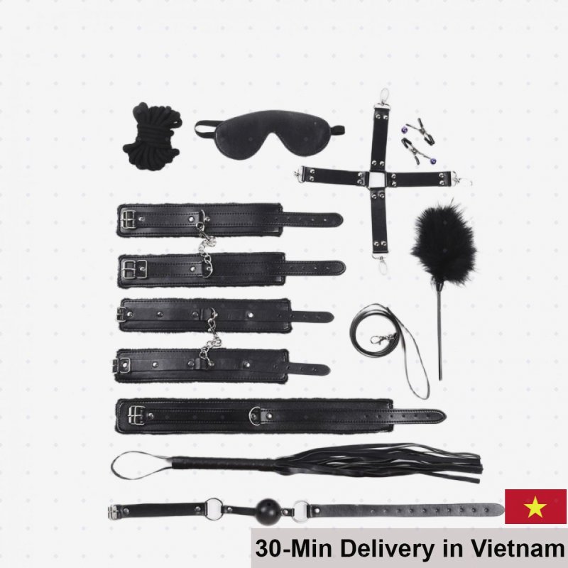 BDSM COOC 10-Piece Furry Soft Leather Bondage Kit Black Pink 