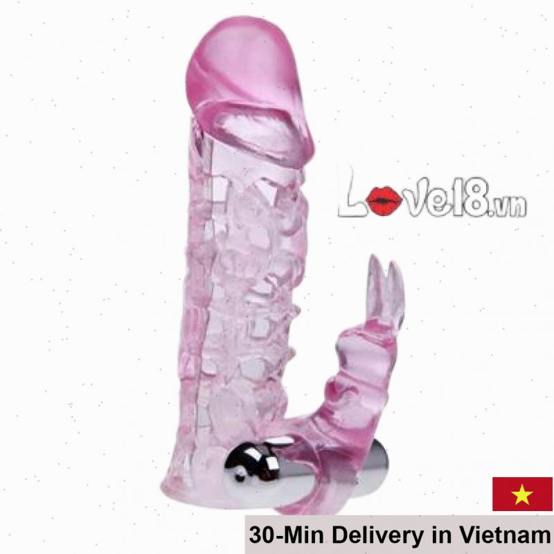 Waterproof TPR Rabbit Ears Dual Vibrating Penis Sleeve Toy 