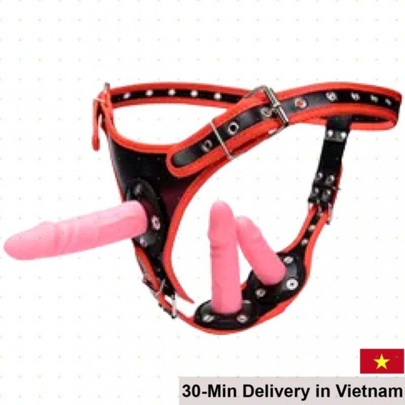 Lesbian Strap-On Triple Dildo Adjustable Leather Harness 