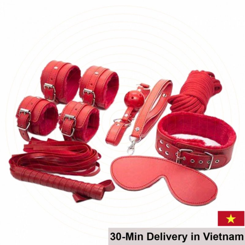 QT07 Red Leather BDSM 7-Piece Kit - Exciting Sensual Play Set 