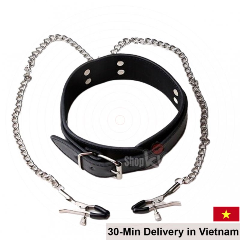 BDSM nipple clamp collar, leather and metal, intense sensation enhancer 