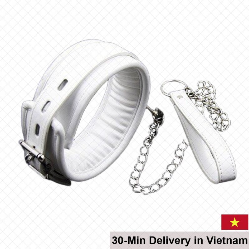 White Leather BDSM Collar Chain Padded Soft Restraint 