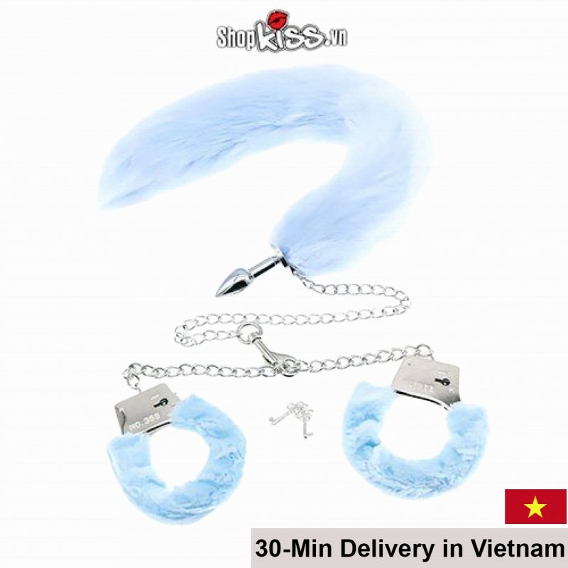 BDSM Handcuffs & Fox Tail Set - Sexy Bondage Play with Chain Included 