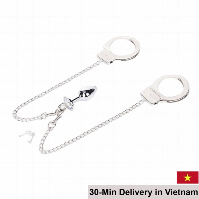 Metal BDSM Anal Plug with Handcuffs Silver Fetish Toy 