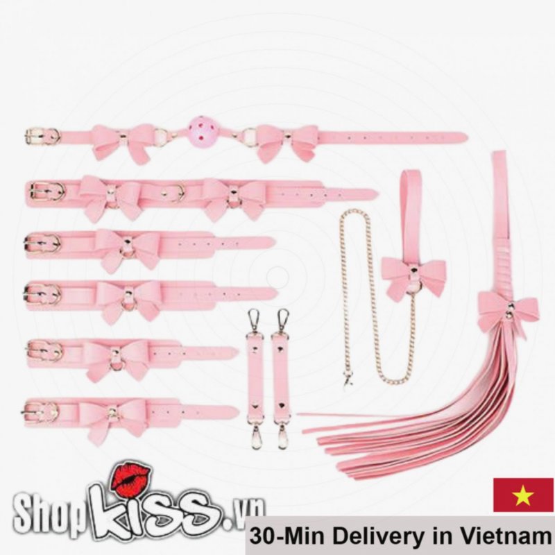 Pink 5pcs BDSM Kit Bow Knot Collar Leather Restraints 